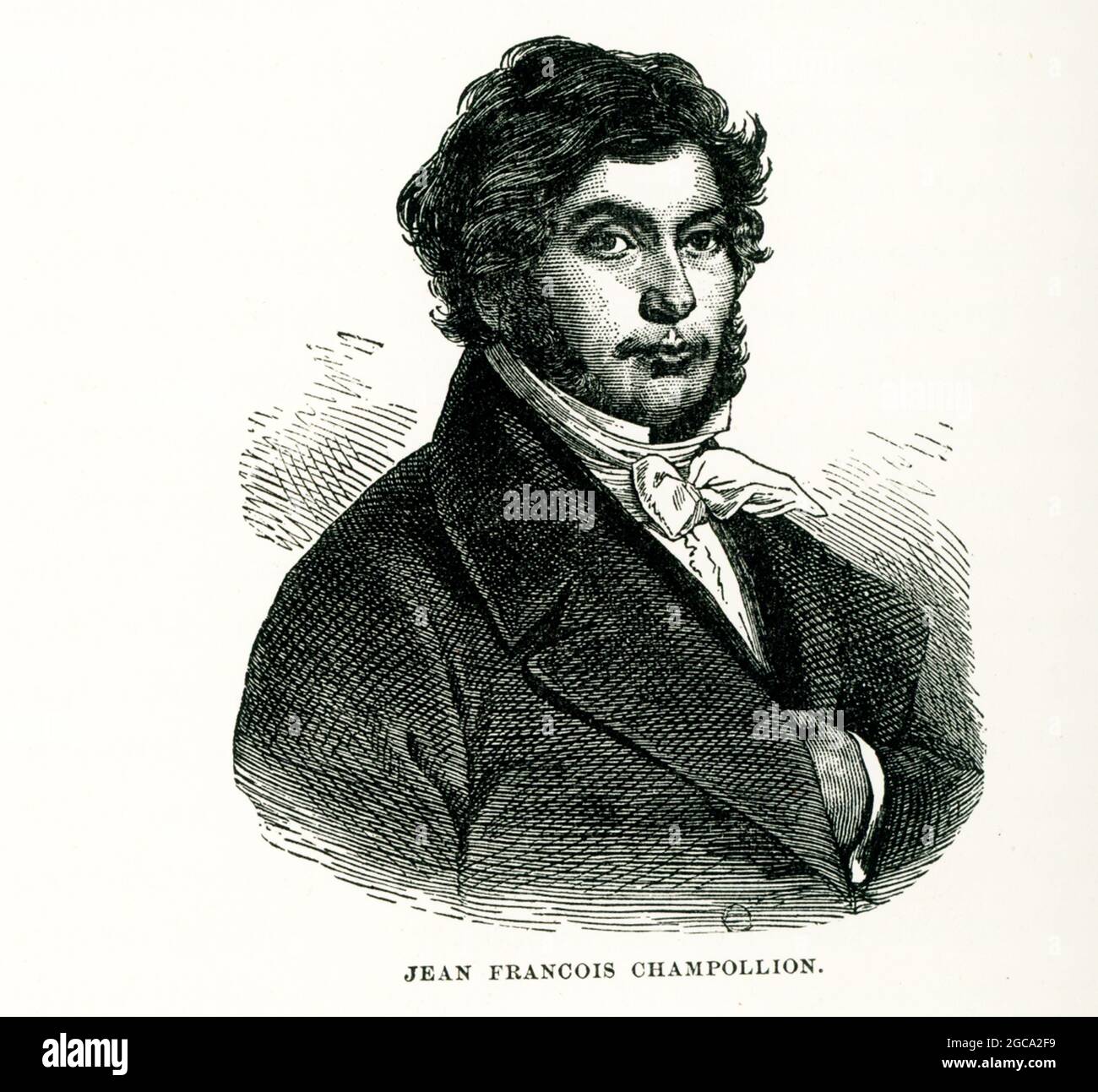 La didascalia che accompagna questa illustrazione del 1903 nel libro di Gaston Maspero sulla storia dell'Egitto recita: "Jean Francois Champollion". Jean-François Champollion (1790 – 1832) è stato uno studioso, filologo e orientalista francese, conosciuto soprattutto come decifratore dei geroglifici egiziani e figura fondatrice nel campo dell'egittologia. Foto Stock
