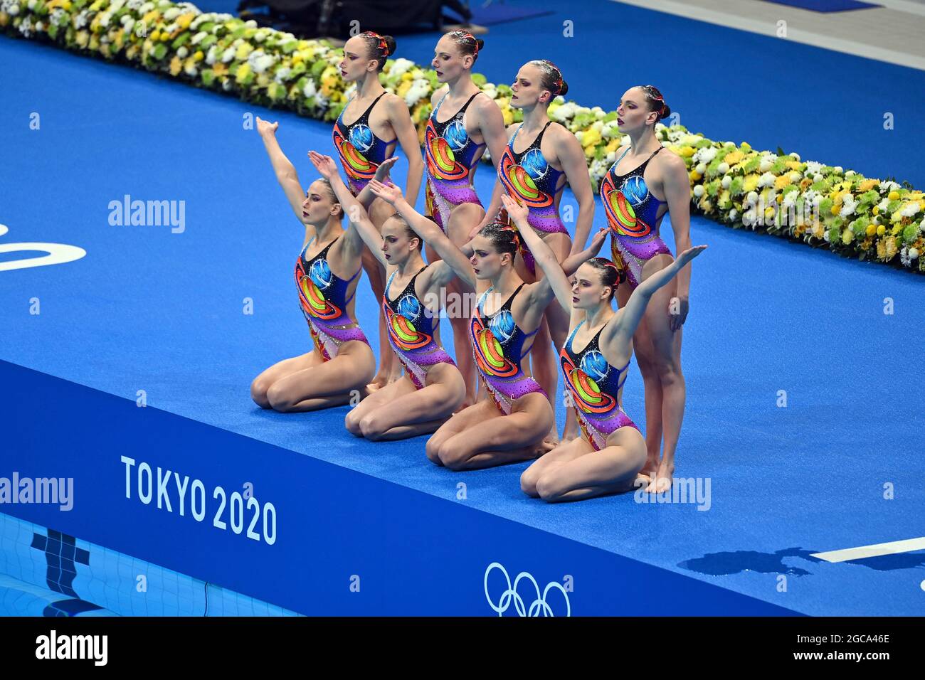 Team ROC con Svetlana ROMASHINA, Svetlana KOLESNICHENKO, Aleksandra PATSKEVICH, Maria SHUROCHKINA, Vlada CHIGIREVA, Marina GOLIADKINA, Polina KOMAR. Nuoto sincronizzato, squadra di nuoto artistico routine gratuita. Aquatics Center il 7 agosto 2021, Giochi Olimpici estivi 2020, dal 23 luglio. - 08.08.2021 a Tokyo/Giappone. Foto Stock