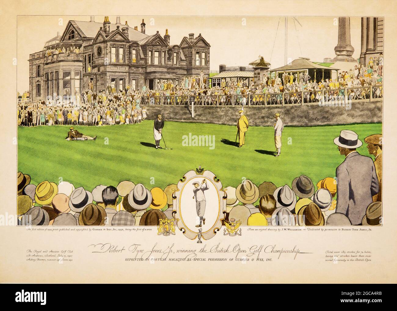 St Andrews, Bobby Jones (Robert Tyre Jones) vincitore del British Open Golf Championship 1930. Stampante Currier & Ives. Foto Stock