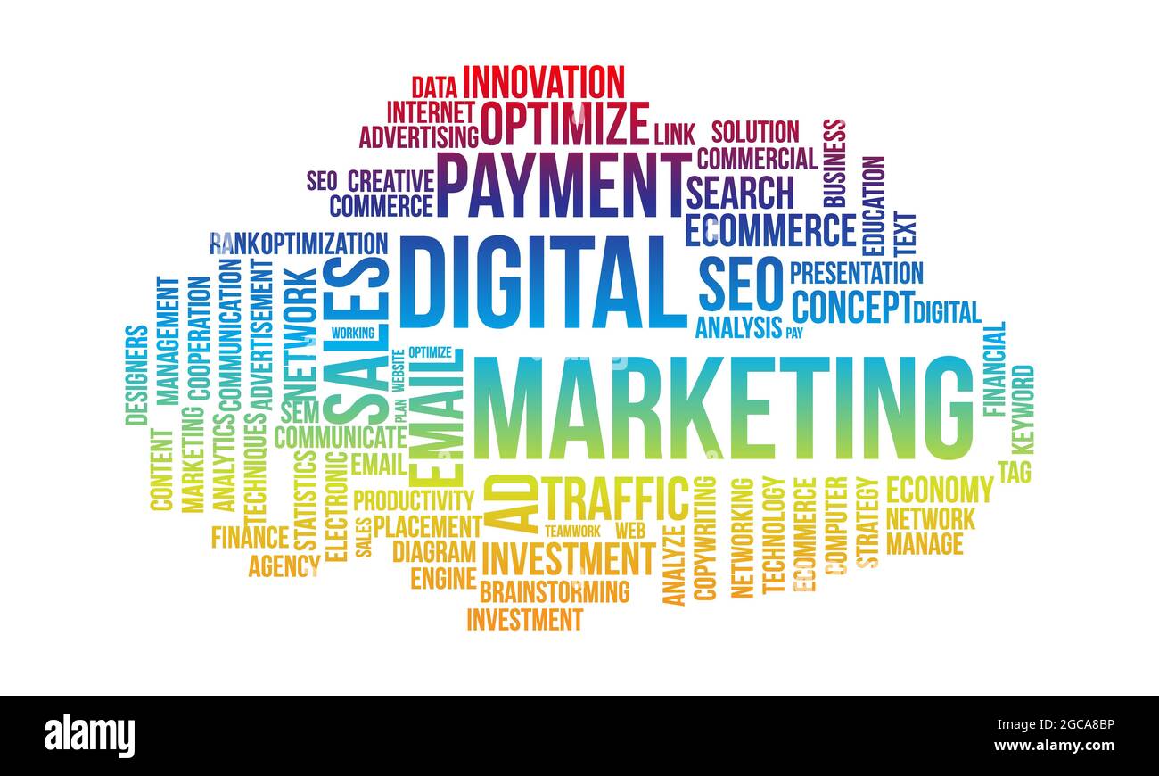 Concetto aziendale, modello vettoriale per il marketing digitale Word Cloud Illustrazione Vettoriale