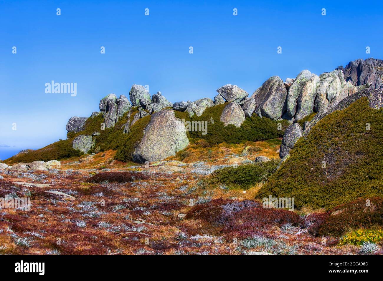 Massi rocciosi sulla cima di una montagna nel parco nazionale di Kosciuszko delle Snowy Mountains dell'Australia. Foto Stock