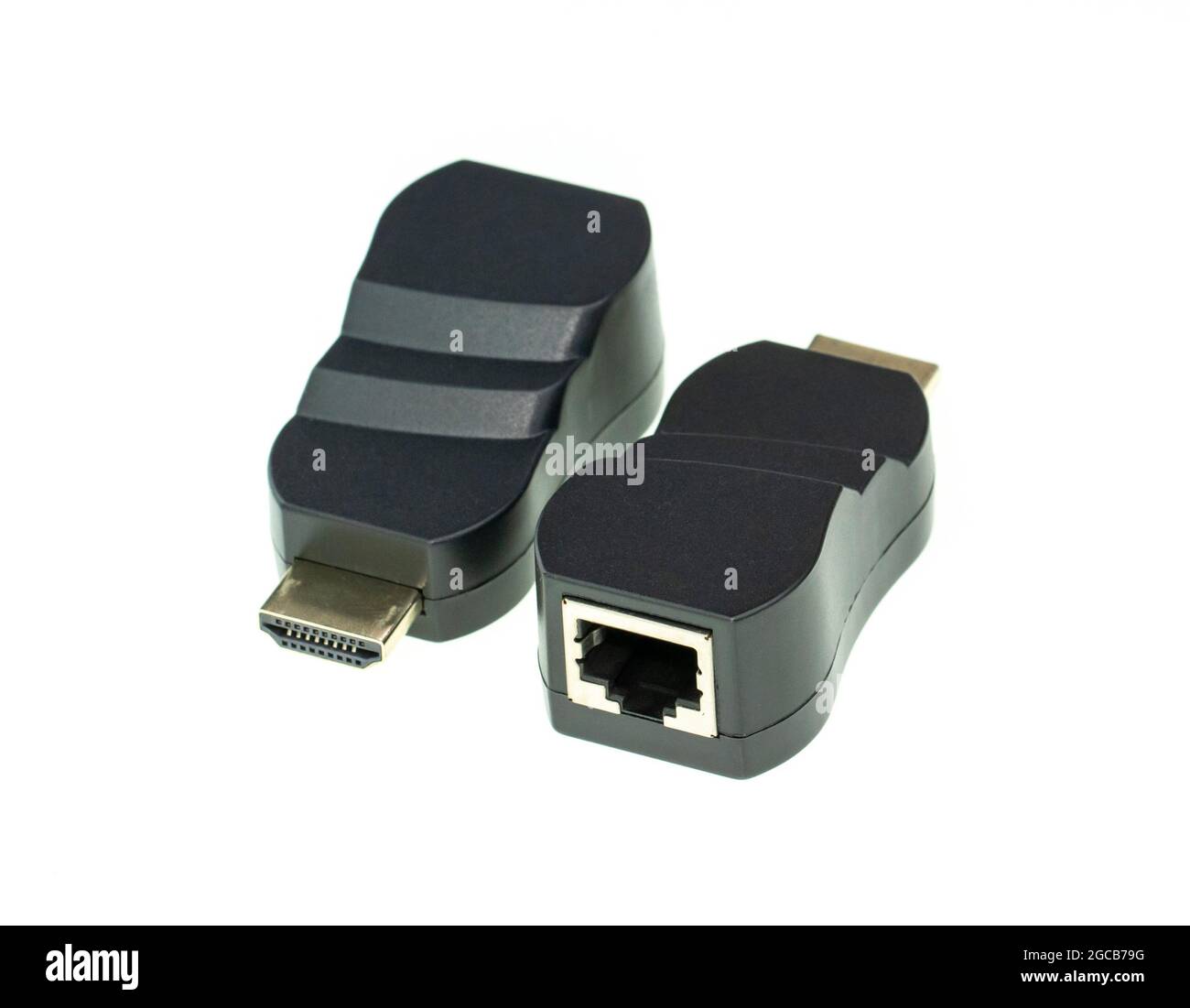 Immagine dell'extender HDMI sul computer dell'adattatore Internet lan di rete isolato su sfondo bianco. Hardware del computer. Foto Stock