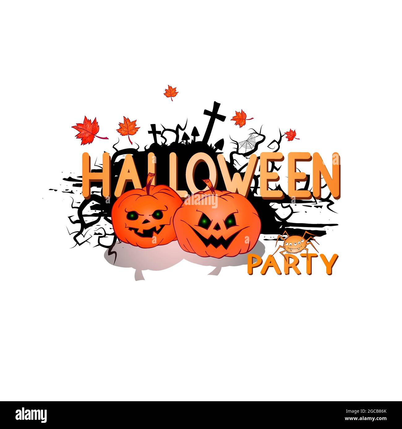 Illustrazione vettoriale con cute Pumpkins, ragno, web, e scritta Halloween partito su uno sfondo bianco. Stile cartone animato. Illustrazione Vettoriale