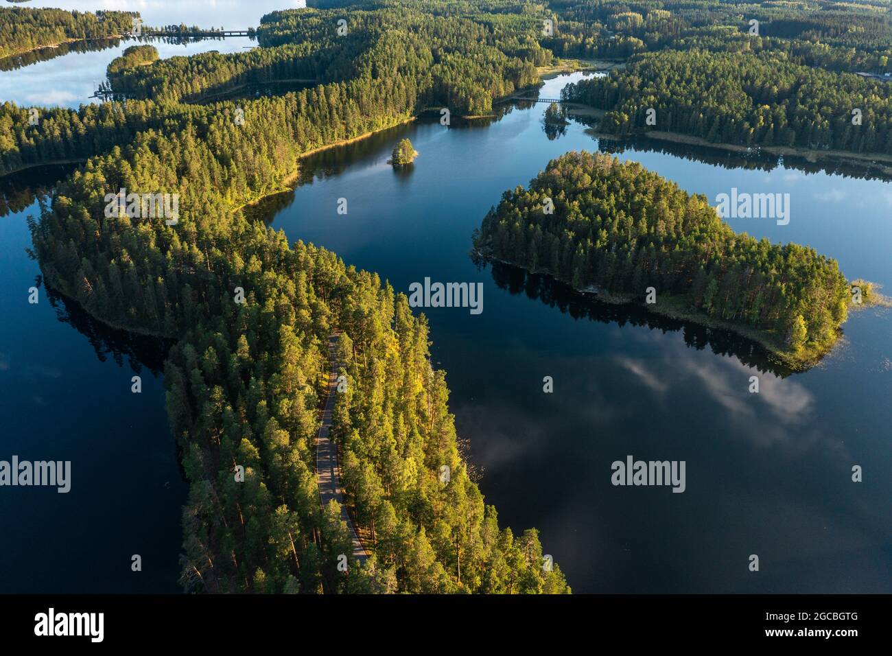 Laghi blu e foreste verdi nella riserva naturale di Punkaharju in estate in Finlandia. Foto Stock