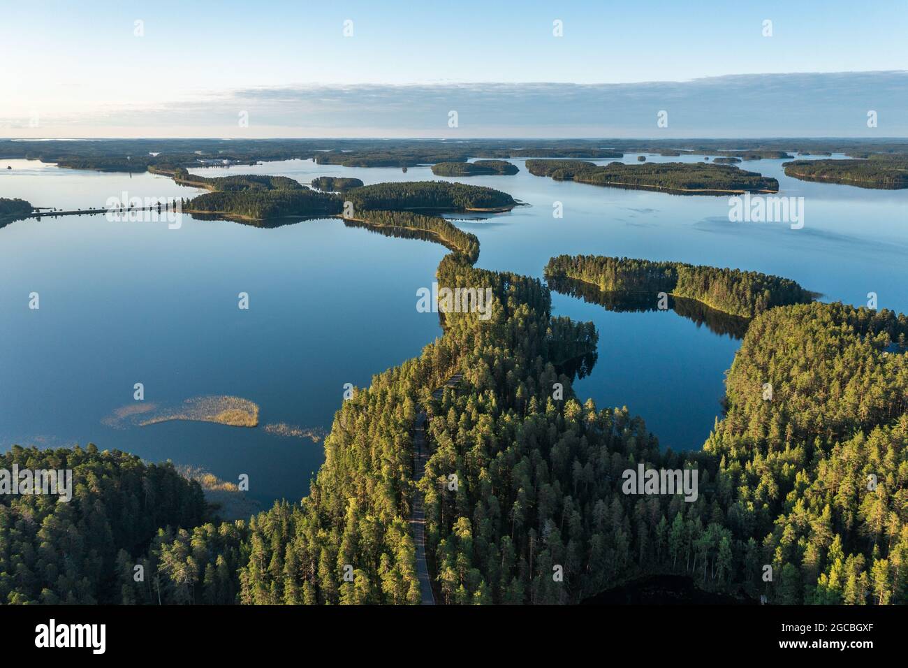 Splendido panorama aereo delle zone del lago Saimaa e delle foreste boree in Finlandia Foto Stock