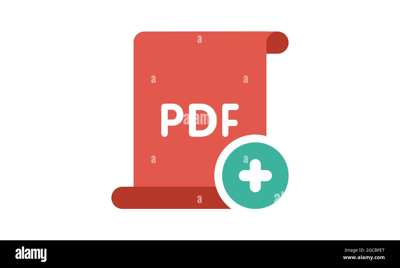 Icona del file formato PDF con pulsante più / Aggiungi isolato su sfondo bianco, stile disegno piatto, illustrazione vettoriale eps 10 Illustrazione Vettoriale
