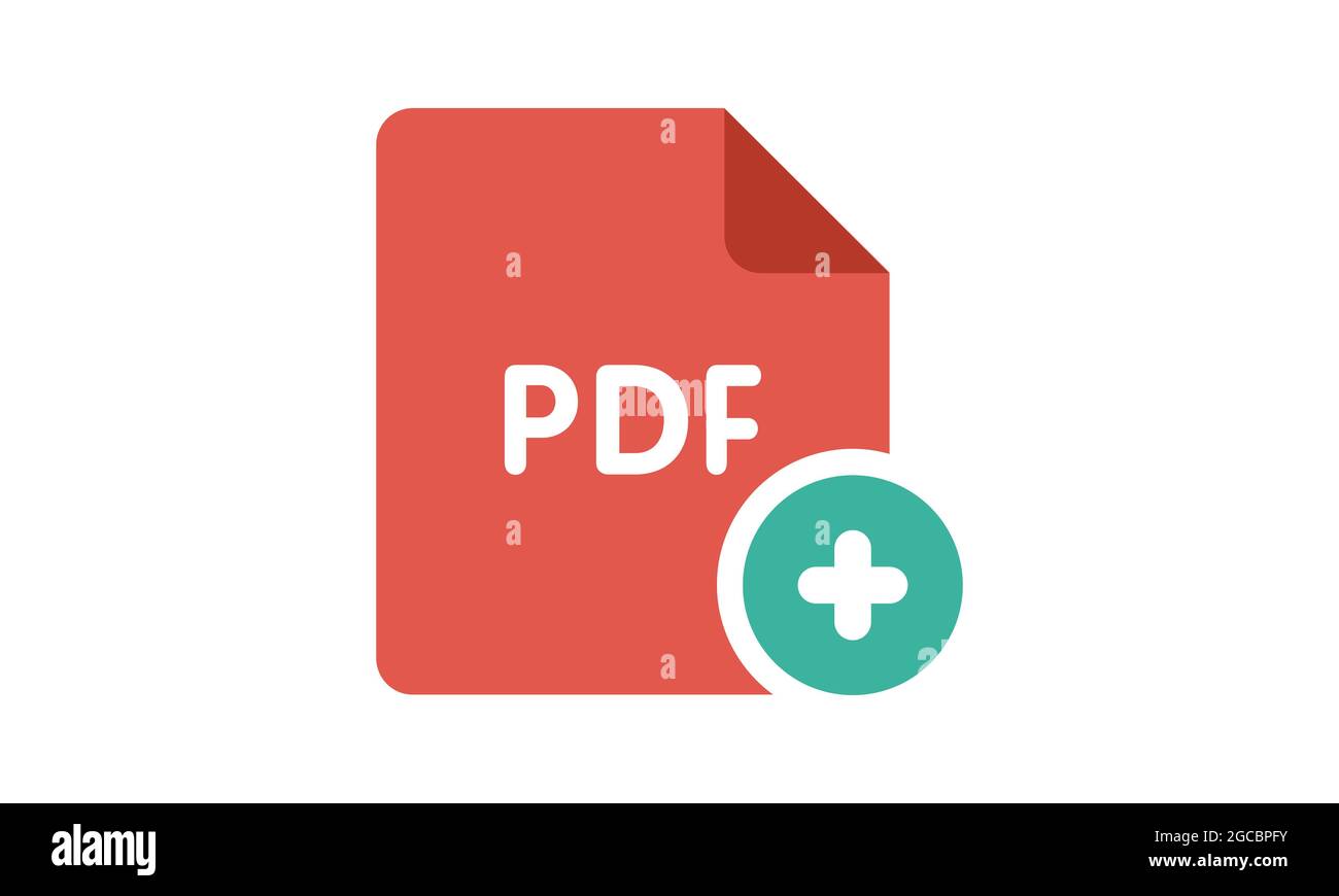 Icona del file formato PDF con pulsante più / Aggiungi isolato su sfondo bianco, stile disegno piatto, illustrazione vettoriale eps 10 Illustrazione Vettoriale