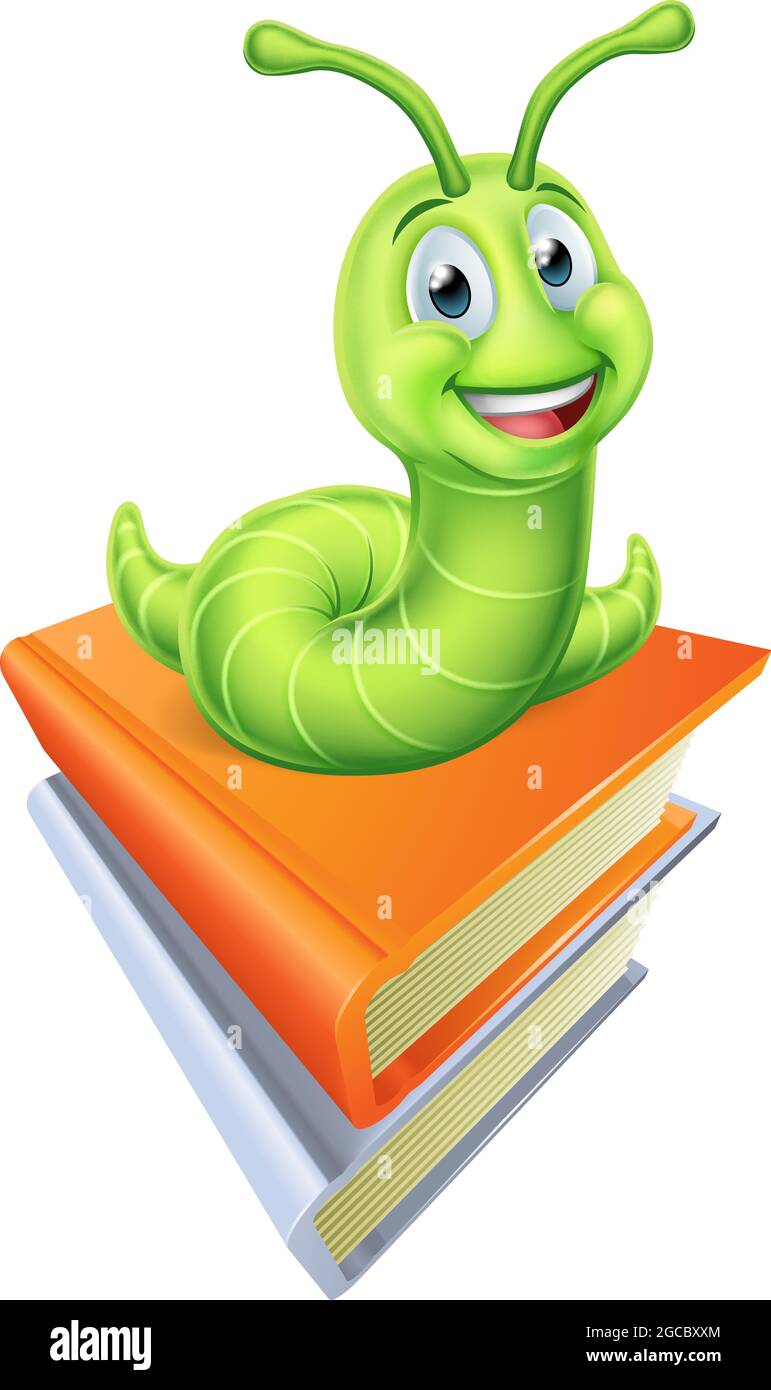 Bookworm Caterpillar Worm su Book pile Illustrazione Vettoriale
