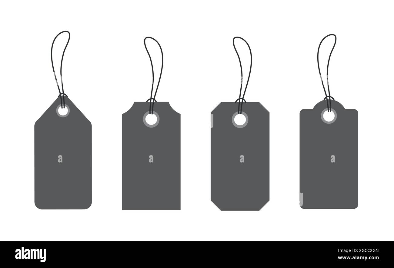 Etichette di prezzo in carta nera o etichette regalo in forme diverse. Etichette con cavo. Illustrazione Vettoriale