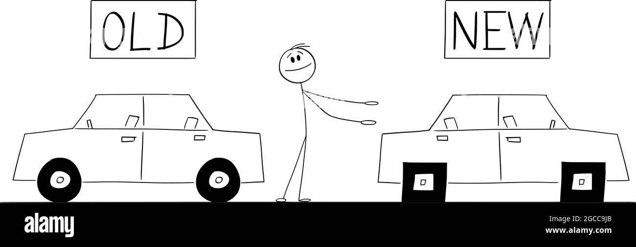 Concessionario di automobili o venditore che offre l'automobile con le rotelle quadrate, nuovo è il più difettoso che l'illustrazione vecchia della figura del bastone del cartone del vettore Illustrazione Vettoriale