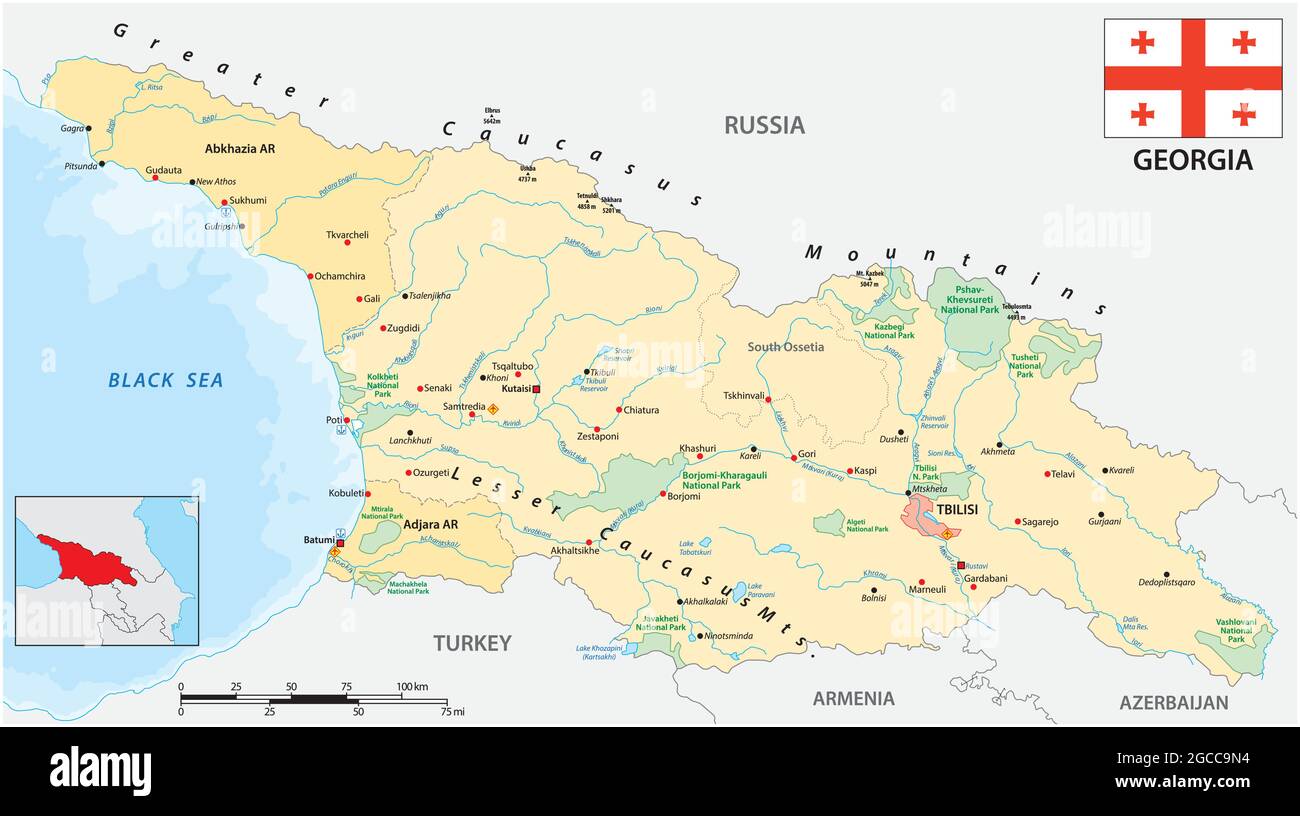 mappa vettoriale dello stato dell'europa orientale georgia con bandiera Illustrazione Vettoriale