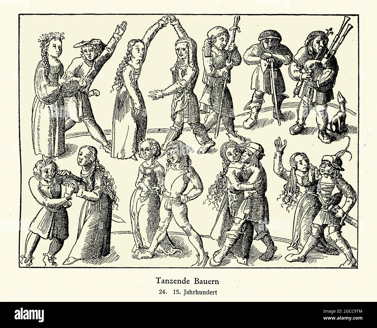 Illustrazione d'epoca contadini danzanti, 15 ° secolo giovane uomo e donne che eseguono una danza popolare, piper giocare a bagpipe, guerriero con orologiaio Battleaxe Foto Stock