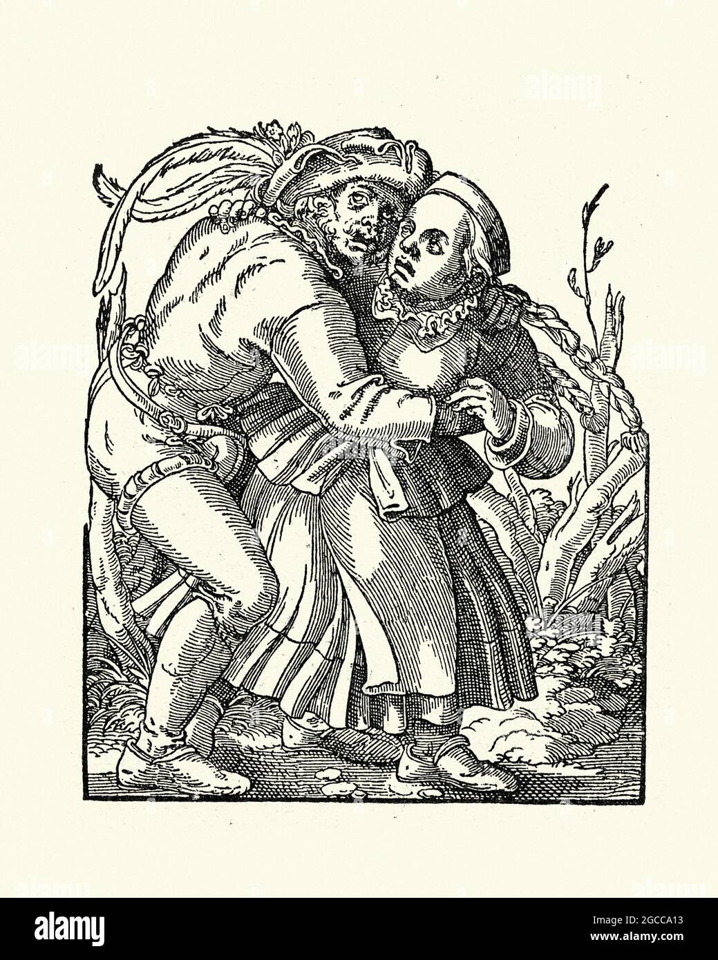 Illustrazione d'epoca Coppia contadina danzante, tedesco. 16 ° secolo Foto Stock
