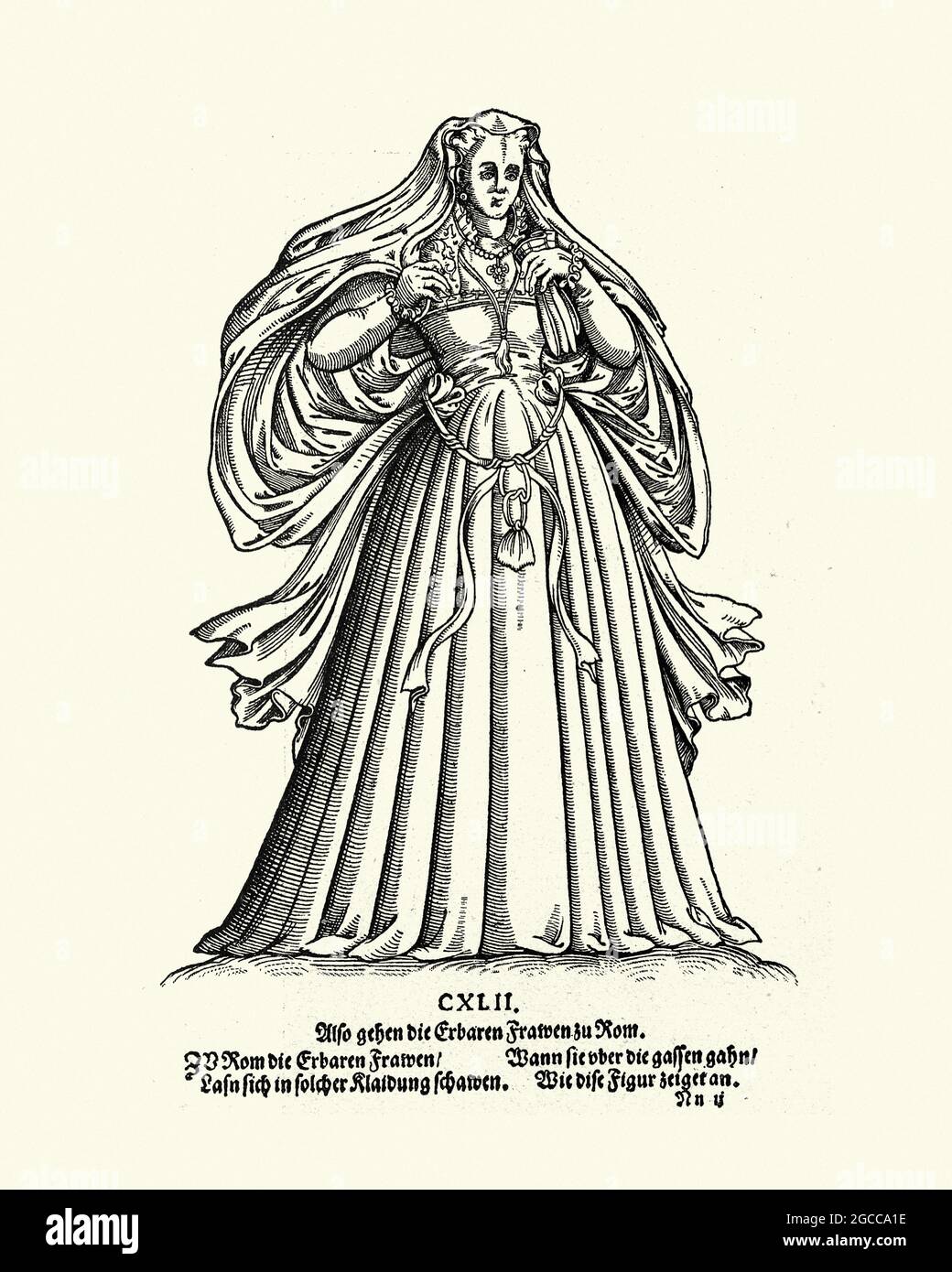 Vintage illustrazione abbigliamento donna moda 16 ° secolo tedesco. Dopo Jost Ammann's Costume Book Foto Stock