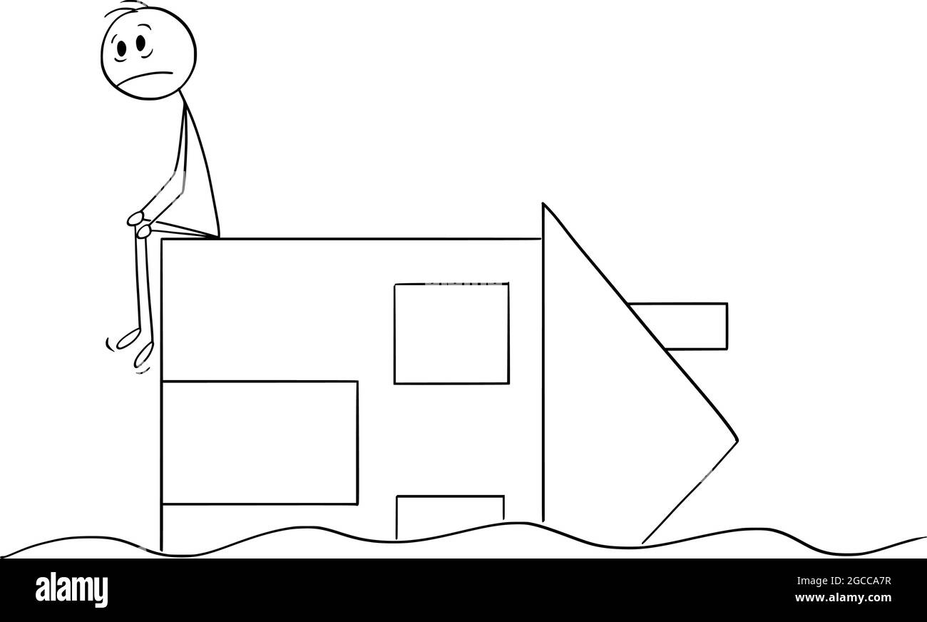 Persona triste seduta su casa distrutta allagata , illustrazione di figura del bastone del vettore di Cartoon Illustrazione Vettoriale