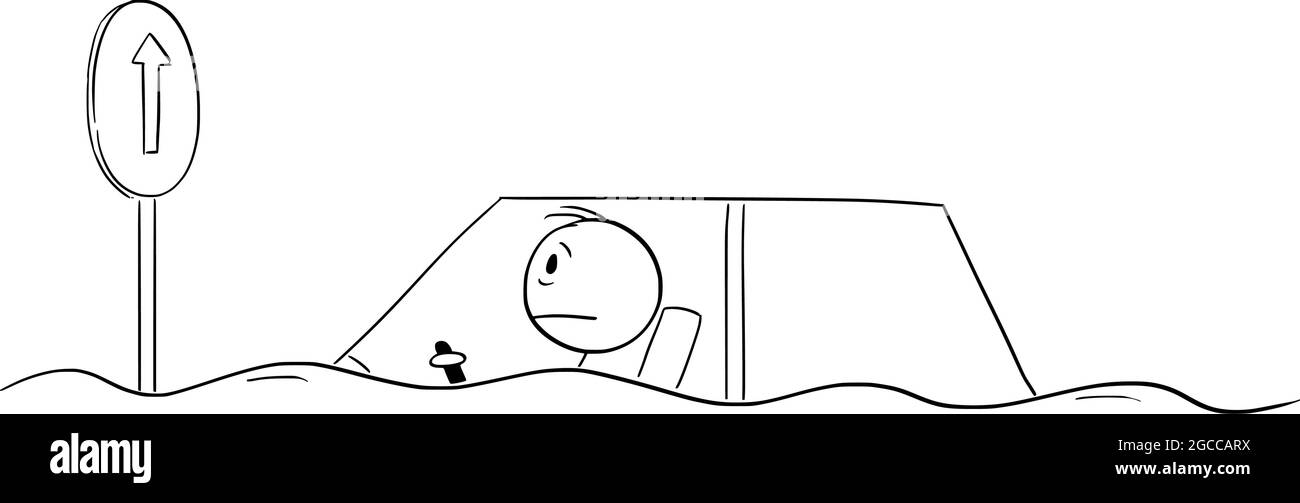 Autista che guida un'auto durante un'inondazione d'acqua Disaster, illustrazione di Vector Cartoon Stick Illustrazione Vettoriale