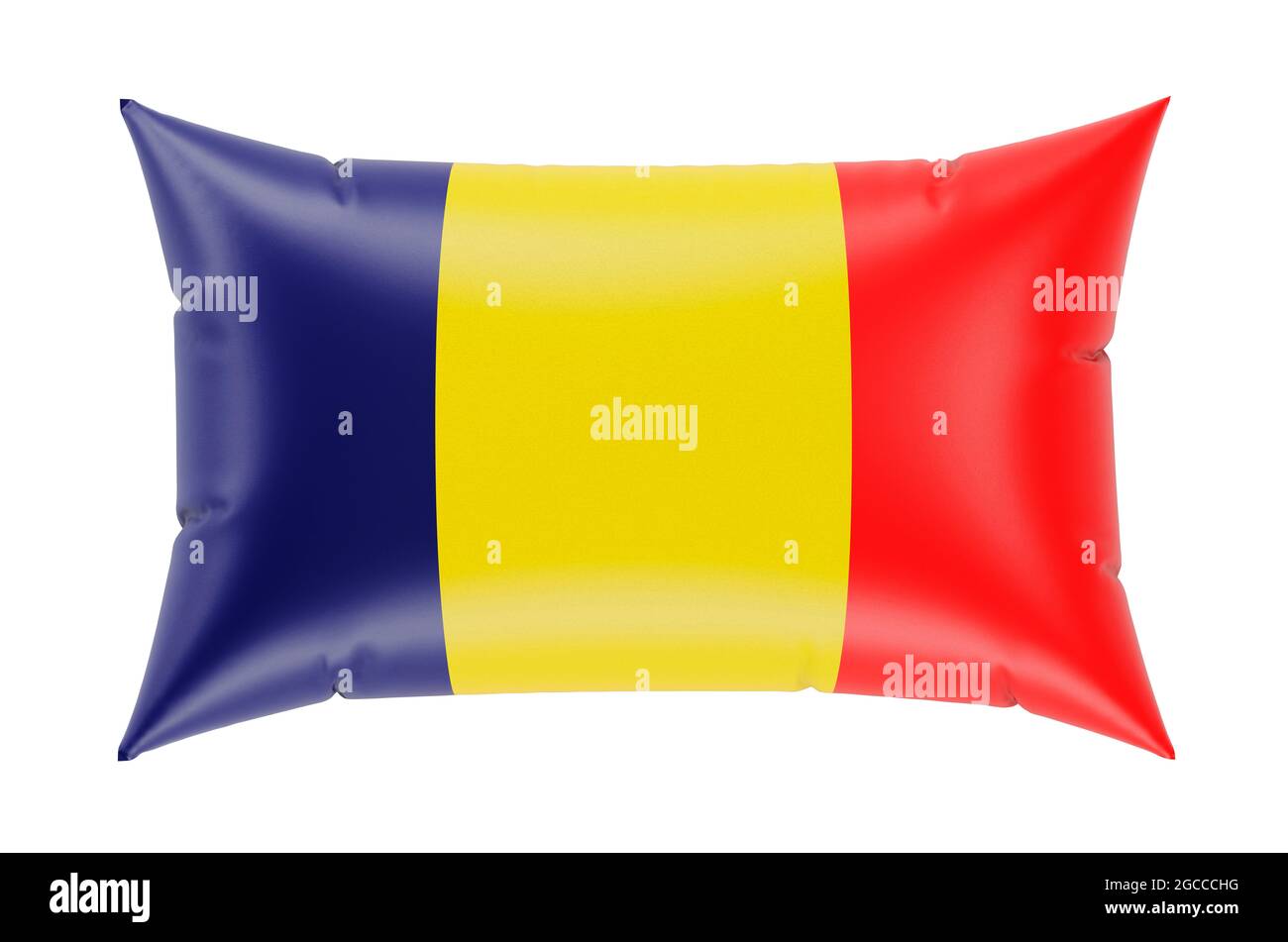 Cuscino con bandiera rumena, rendering 3D isolato su sfondo bianco Foto Stock