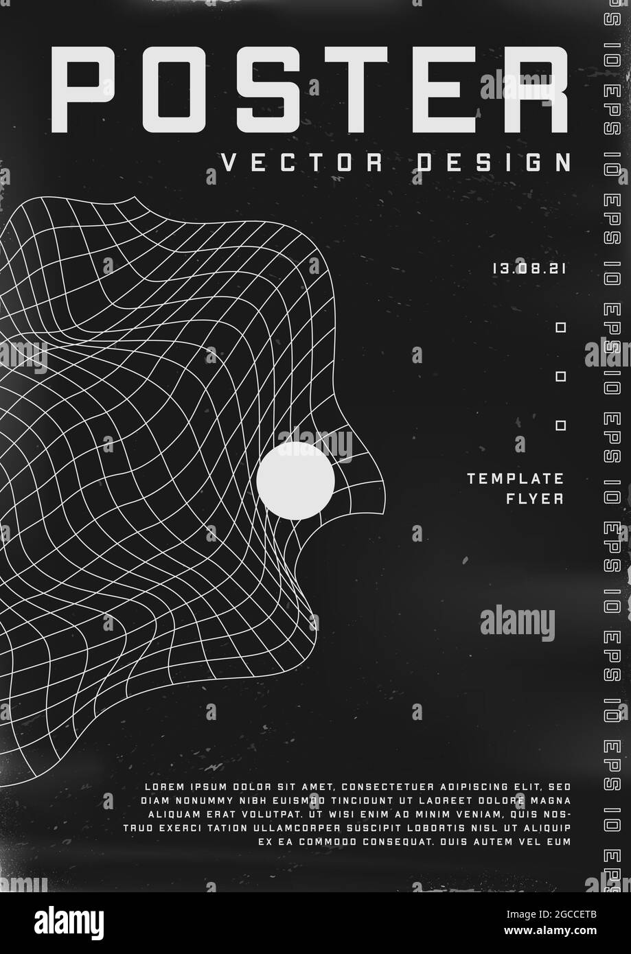 Poster dal design retrovuturistico. Poster in stile cyberpunk degli anni '80 con griglia e sfera distorte a liquido. Modello shabby graffiato flyer per il tuo design Illustrazione Vettoriale