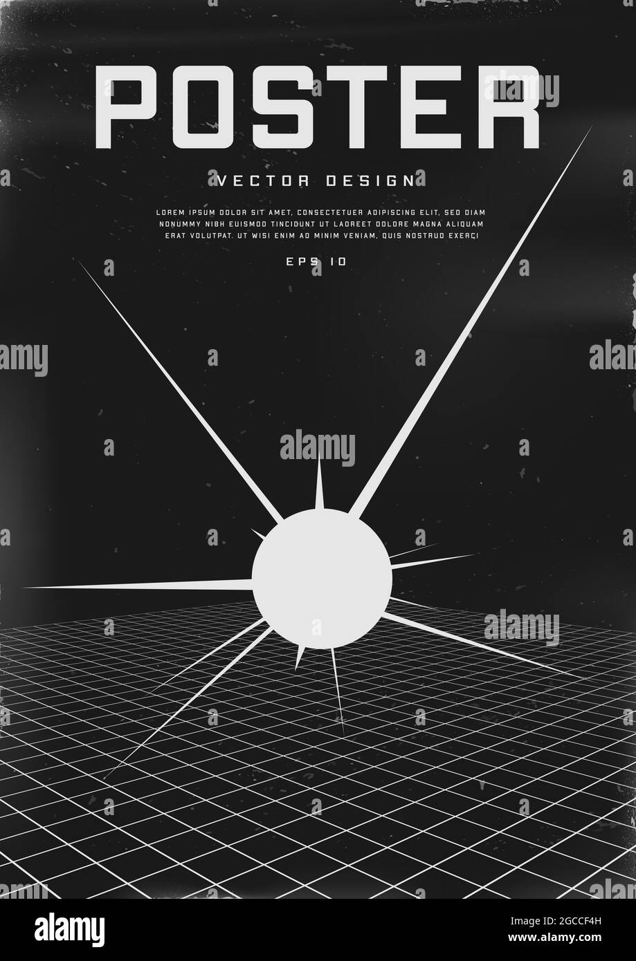 Poster dal design retrovuturistico. Poster in stile cyberpunk degli anni '80 con griglia di prospettiva e sfera esplosiva. Modello shabby graffiato flyer per il tuo design Illustrazione Vettoriale