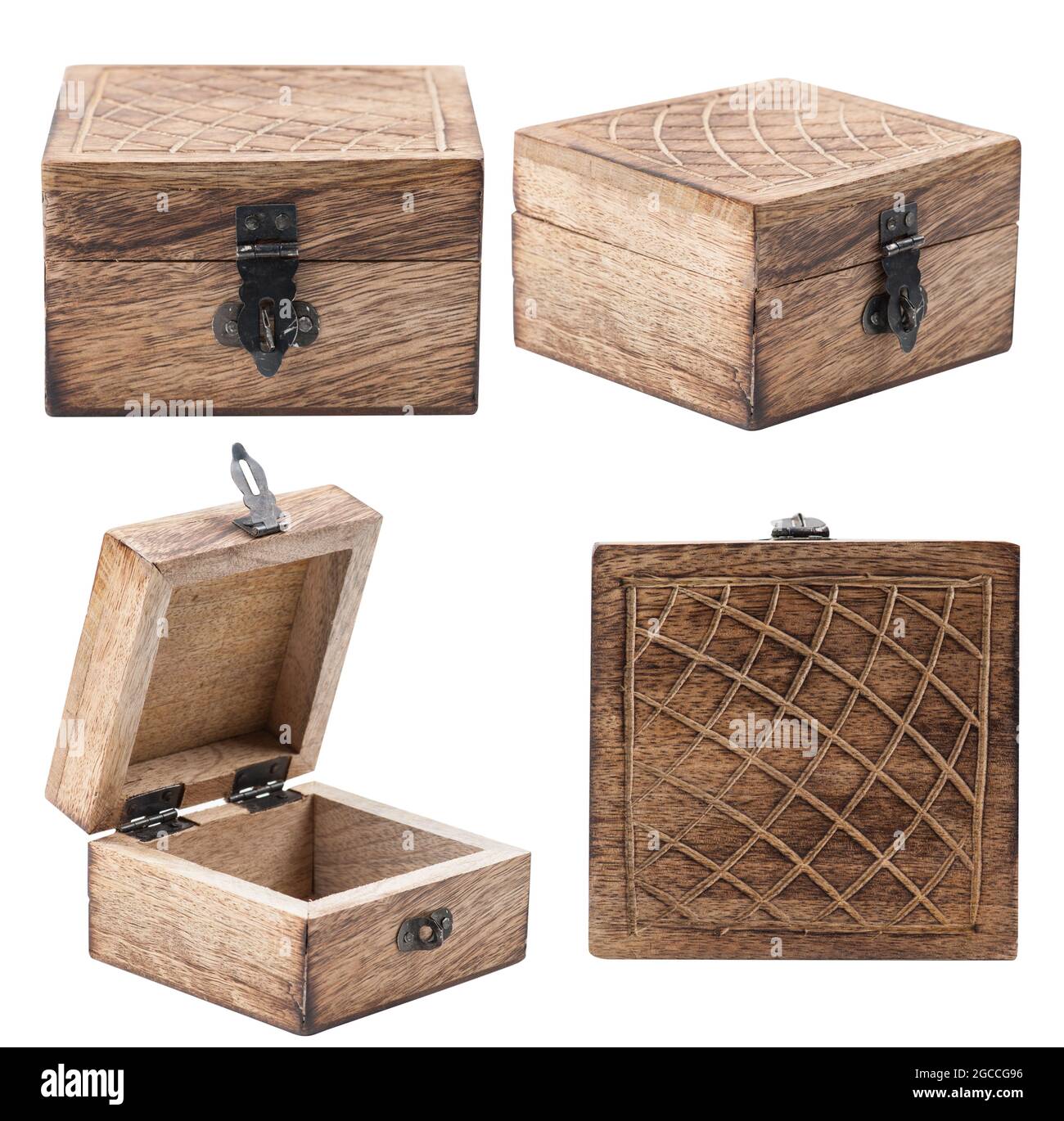 Set con scatola rustica in legno chiusa e aperta isolata su bianco Foto Stock