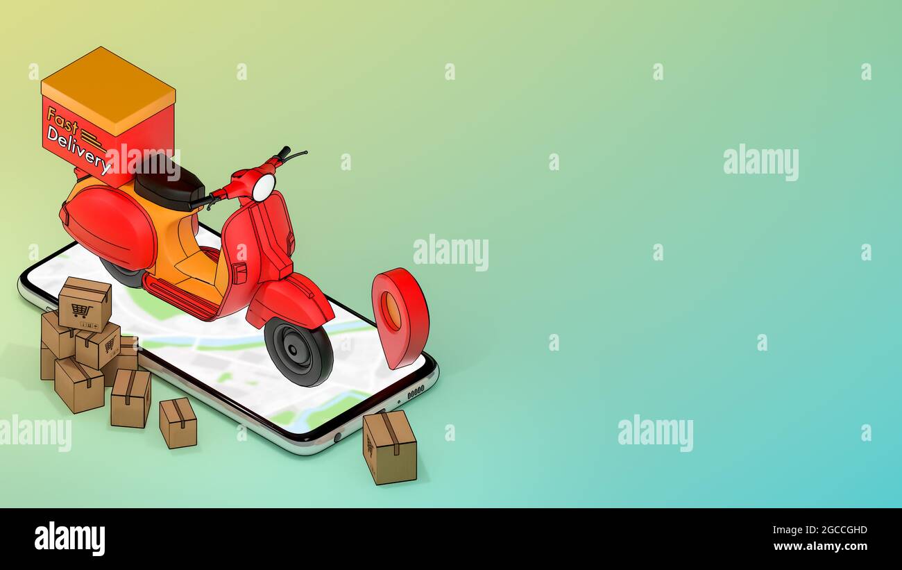 Telefono cellulare e Scooter con molti scatola di carta e puntatori rossi pin., concetto di servizio di consegna rapida e Shopping online., illustrazione 3d con oggetto c Foto Stock