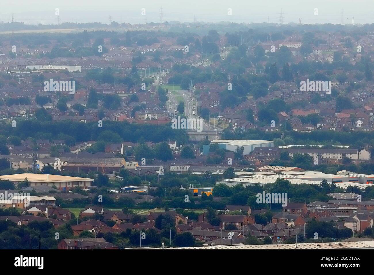 Una delle molte vedute del centro citta' di Leeds dalla cima dell'edificio piu' alto dello Yorkshire, 'Altus House' Foto Stock