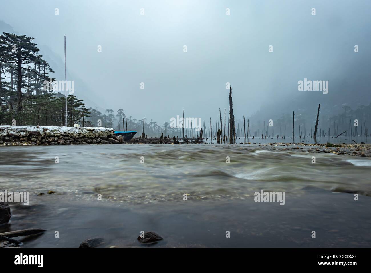 lago coperto di foschia e tronchi di albero secco al mattino da un'immagine ad angolo piatto è preso al lago madhuri tawang arunachal pradesh. Foto Stock