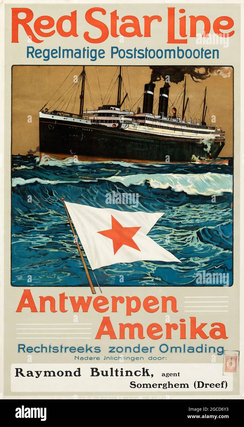 Linea Red Star: Da Anversa all'America (International Mercantile Marine Company, 1911). Poster da viaggio belga. Antwerpen Amerika. Crociere transatlantiche. Foto Stock