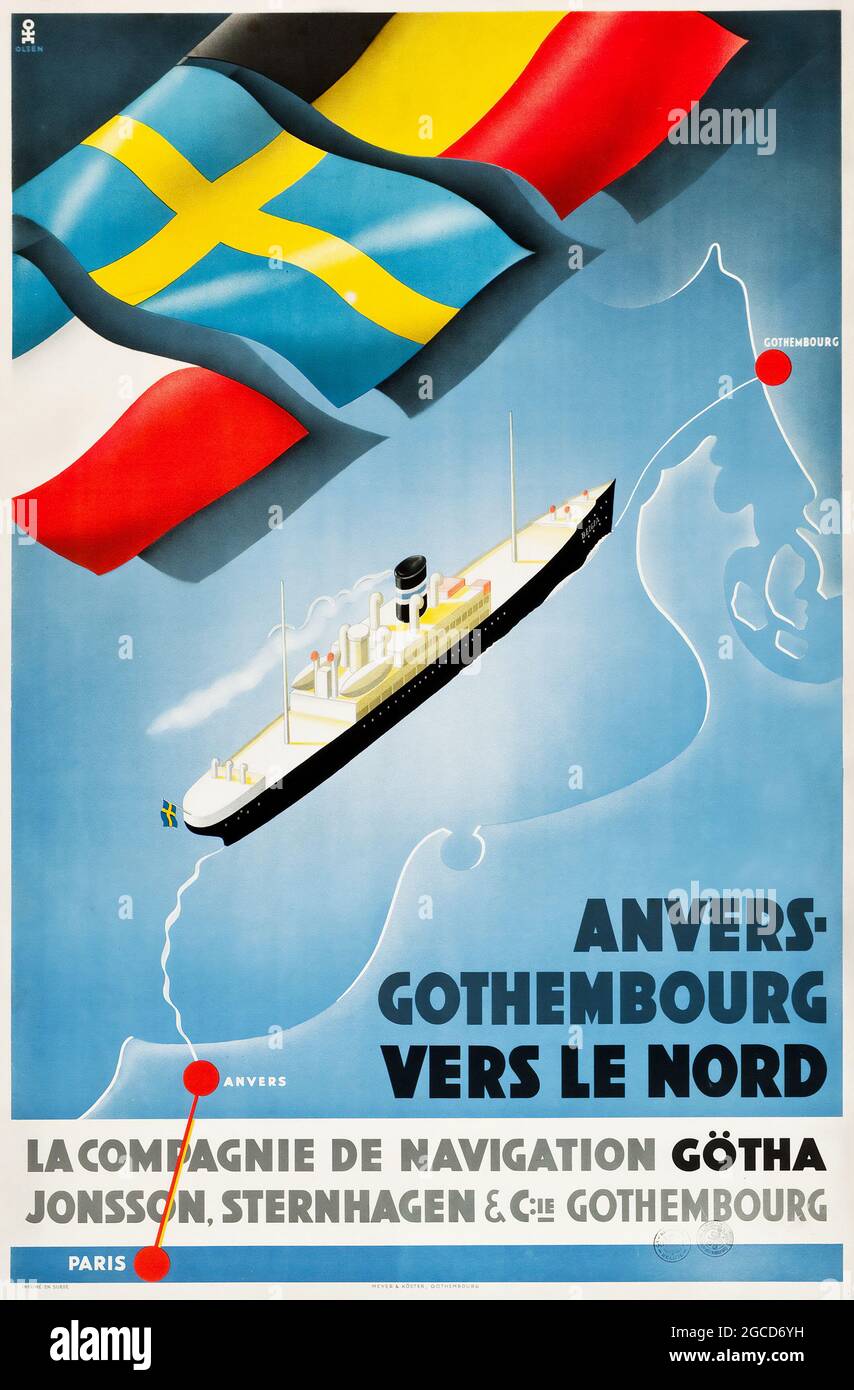 Vintage navi / barche / poster / pubblicità dei trasporti. Poster di viaggio Svezia (Olsen, c.. 1935). La compagnie de Navigation Götha. Foto Stock