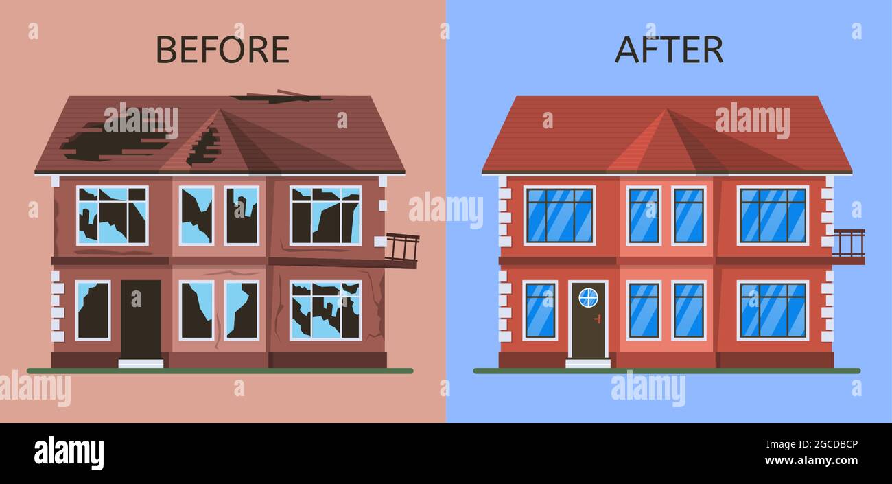 Vecchio edificio abbandonato rotto prima e dopo la ristrutturazione. Casa di cottage suburbano in costruzione vettore illustrazione insieme. Riparazione domestica Illustrazione Vettoriale