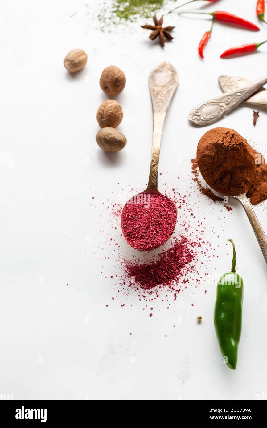 spezia in polvere su cucchiai di peperoncino e cannella di noce moscata Foto Stock