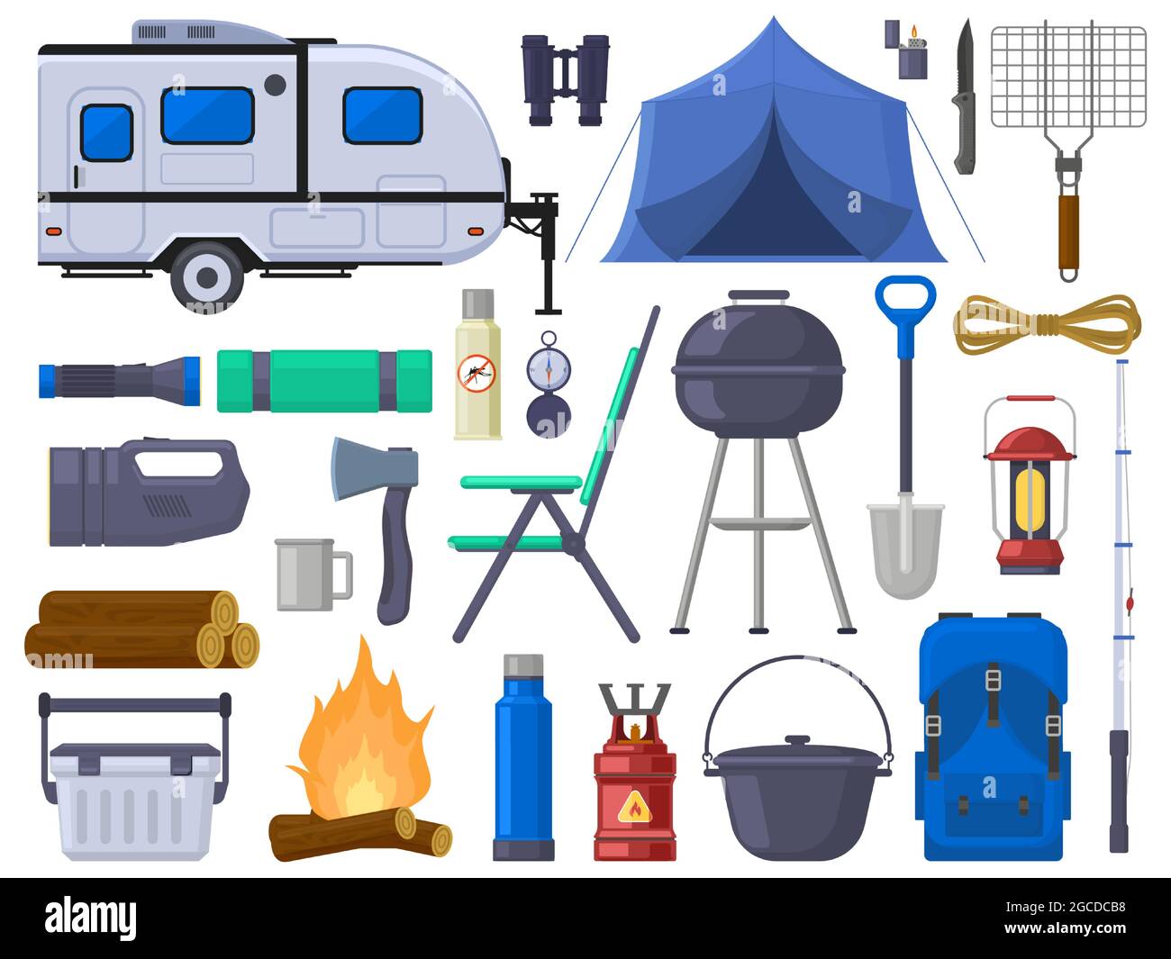 Escursioni campeggio all'aperto avventura elementi turistici. Tenda avventura natura, casa mobile, grill, falò, binocolo vettore illustrazione set. All'aperto Illustrazione Vettoriale