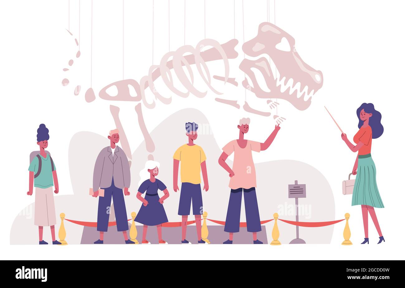 Tour con guida didattica del museo di storia naturale per gruppi di bambini. Studenti di scuola che visitano il museo di archeologia illustrazione vettoriale. Paleontologia bambini Illustrazione Vettoriale