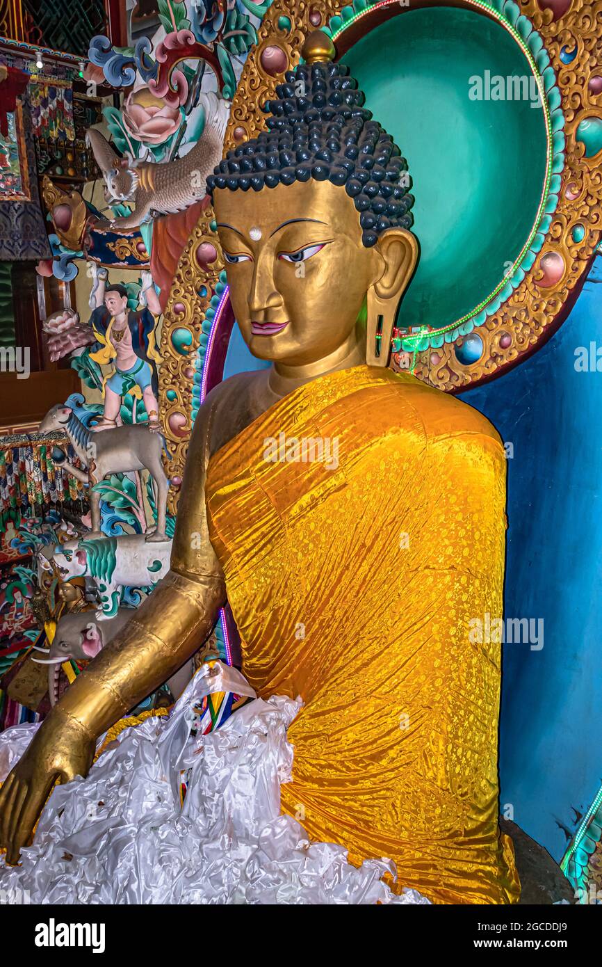 enorme statua dorata del buddha decorata con bandiere religiose e offerte in serata immagine è presa al monastero di tawang arunachal pradesh india. Foto Stock