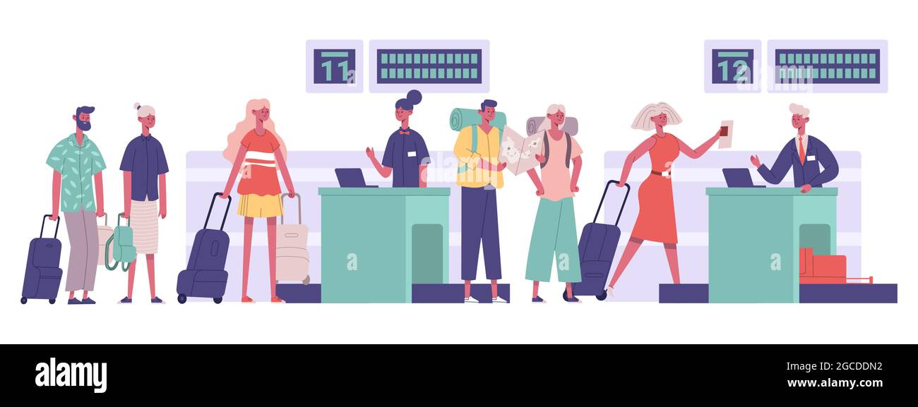 Gruppo di turisti, passeggeri viaggiatori bagagli check in aeroporto. Illustrazione del vettore di rilevamento della sicurezza degli aeroporti a piedi. Viaggi aeroporto Illustrazione Vettoriale