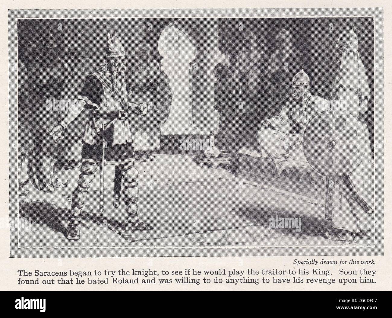 L'illustrazione vintage dei Saraceni iniziò a provare il cavaliere, per vedere se avrebbe giocato il traditore al suo re. Foto Stock
