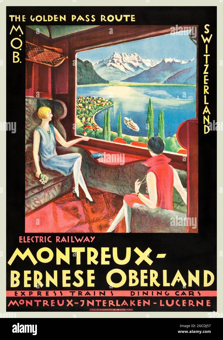 Poster vintage treno / ferrovia / trasporto. Poster di viaggio Svizzera (M.B.O. Ferrovia, 1925). ' la strada del Golden Pass. Oberland di Montreux-Bernese. Foto Stock