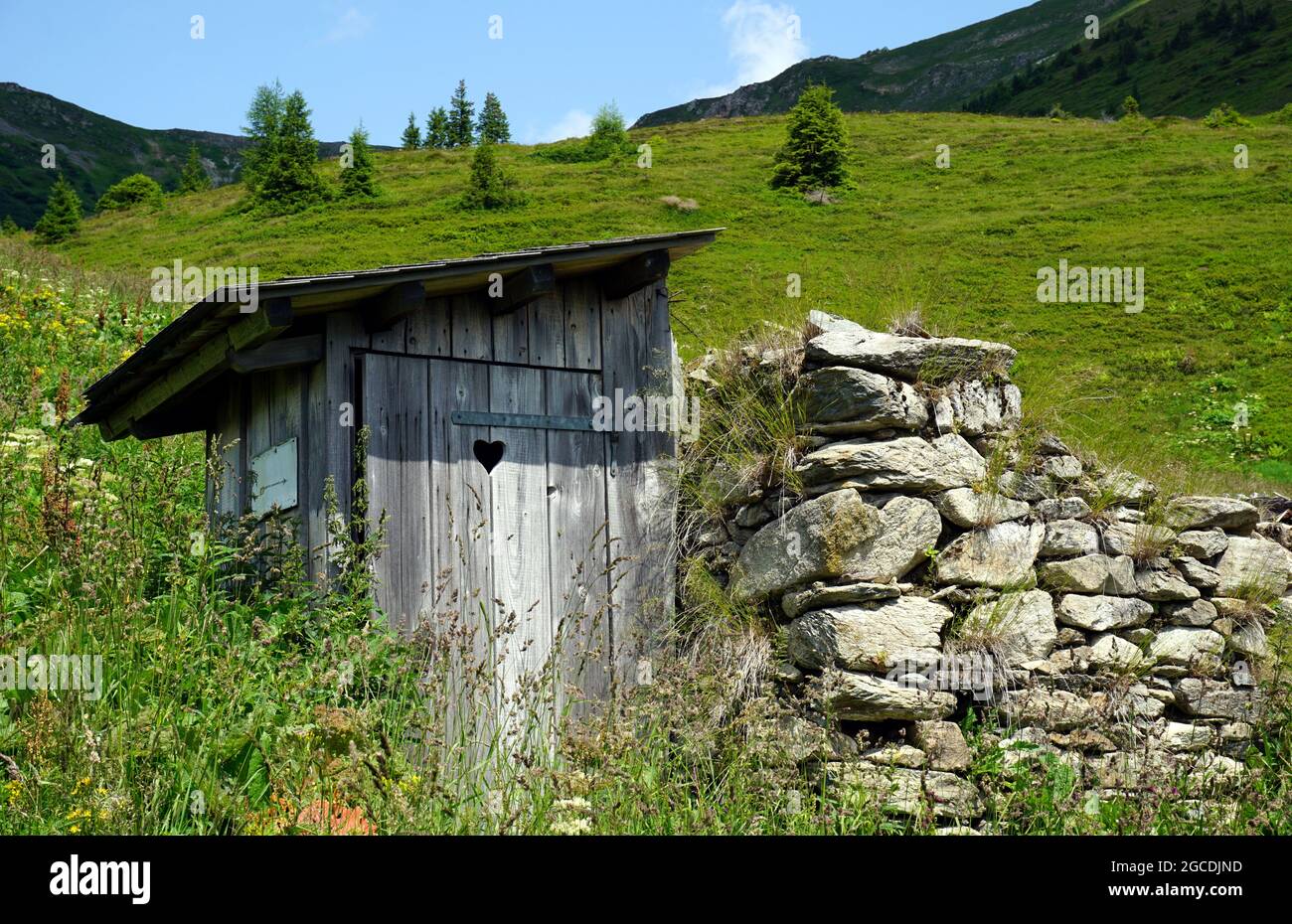 Stilles Örtchen aus Holz mit Herz Guckloch in der Tür neben einer Trockensteinmauer inmitten der Bergwelt der Eisenerzer Alpen Foto Stock