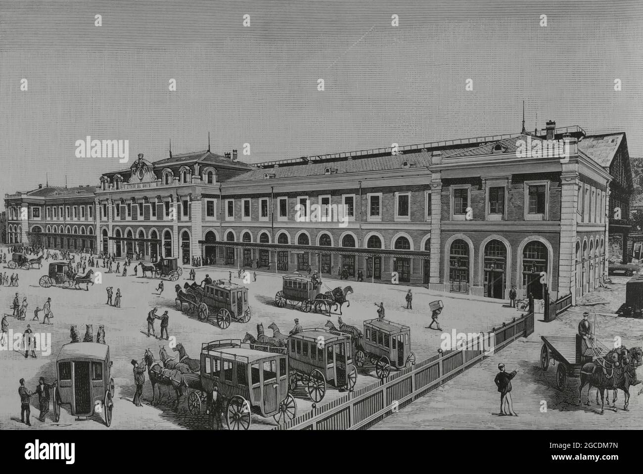 Spagna, Madrid. Stazione ferroviaria New North (Stazione Nord). Facciata principale. Incisione. La Ilustración Española y americana, 1882. Foto Stock