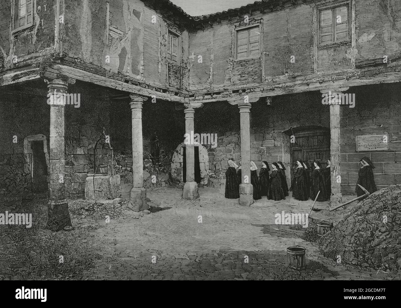 Spagna, Salamanca. Casa di Santa Teresa. Patio. Incisione di Rico. La Ilustración Española y americana, 1882. Foto Stock