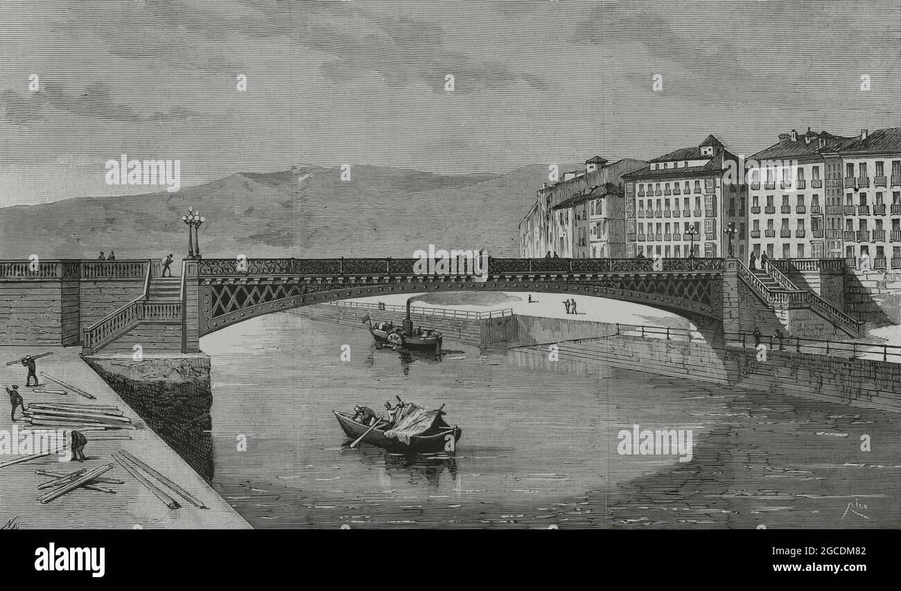 Spagna, Bilbao. Nuovo ponte di ferro di San Francisco, sopra l'estuario, sul sito del vecchio ponte sospeso. Aperto al pubblico nel marzo 1882. Fu progettato e costruito dall'ingegnere Pablo de Alzola. Disegno di Becerro de Bengoa. Incisione di Bernardo Rico. La Ilustración Española y americana, 1882. Foto Stock