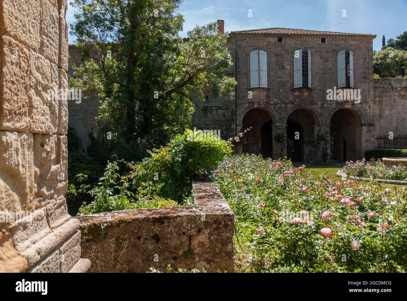 Una vista sul rosegarden presso l'Abbazia di Fontfroide nel sud della Francia Foto Stock
