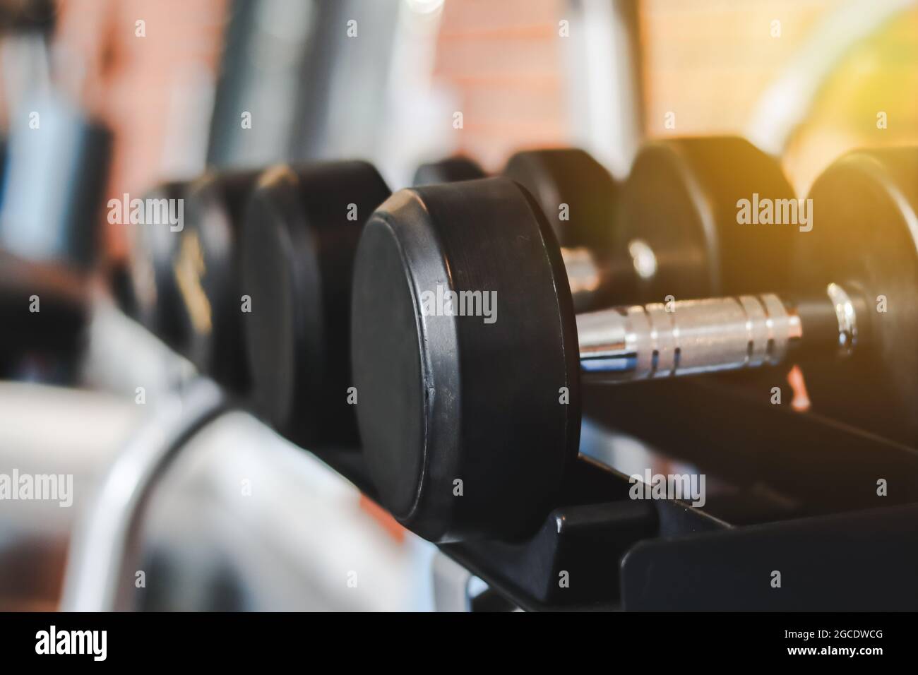 Primo piano molti manubri in metallo su rack nella sala fitness con muro in mattoni Bacckground. Attrezzature per l'addestramento del peso. Foto Stock