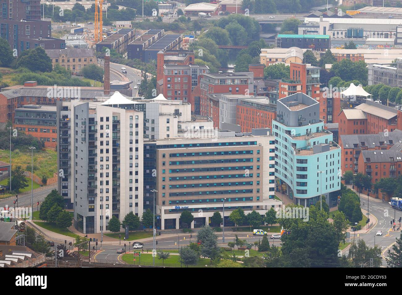 Una delle molte vedute del centro citta' di Leeds dalla cima dell'edificio piu' alto dello Yorkshire, 'Altus House' Foto Stock