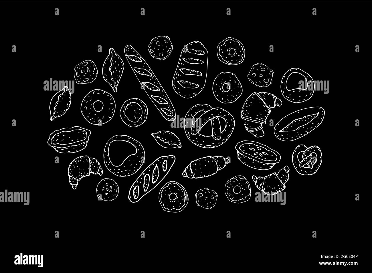 Set lavagna per disegno a mano del pane da forno. Buns baguette biscotti croissant ciambelle vintage blackboard linea illustrazione vettoriale. Ristorante cafe, menu pos Illustrazione Vettoriale