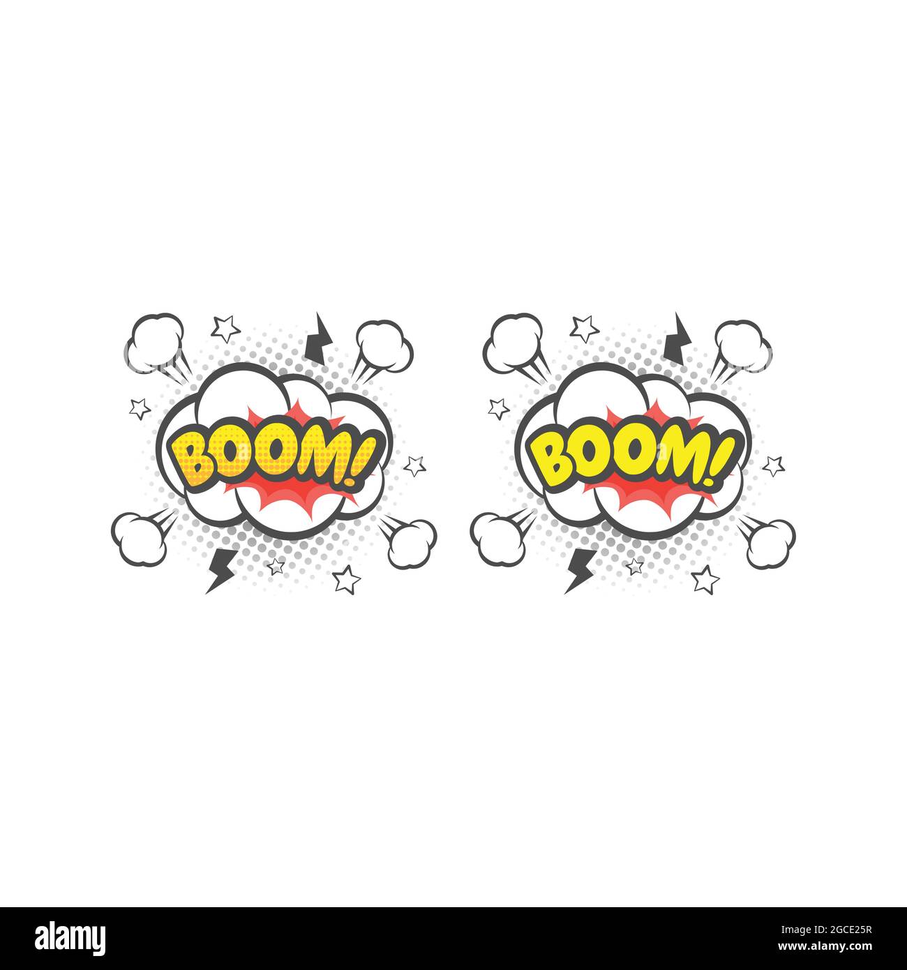 Boom e scoppio cartoni animati vettoriali colorati. Bang! Boom! testo scritta fumetto. Illustrazione Vettoriale