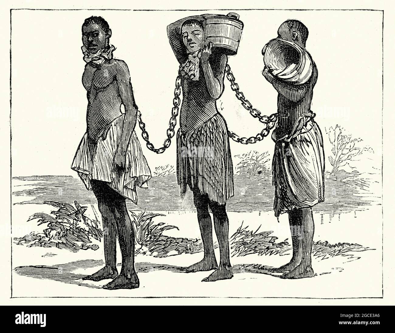 Incisione vintage di tre schiavi in ferri da stiro per cattiva condotta, Kabenda, Sierra Leone. La figura, 1883 Foto Stock