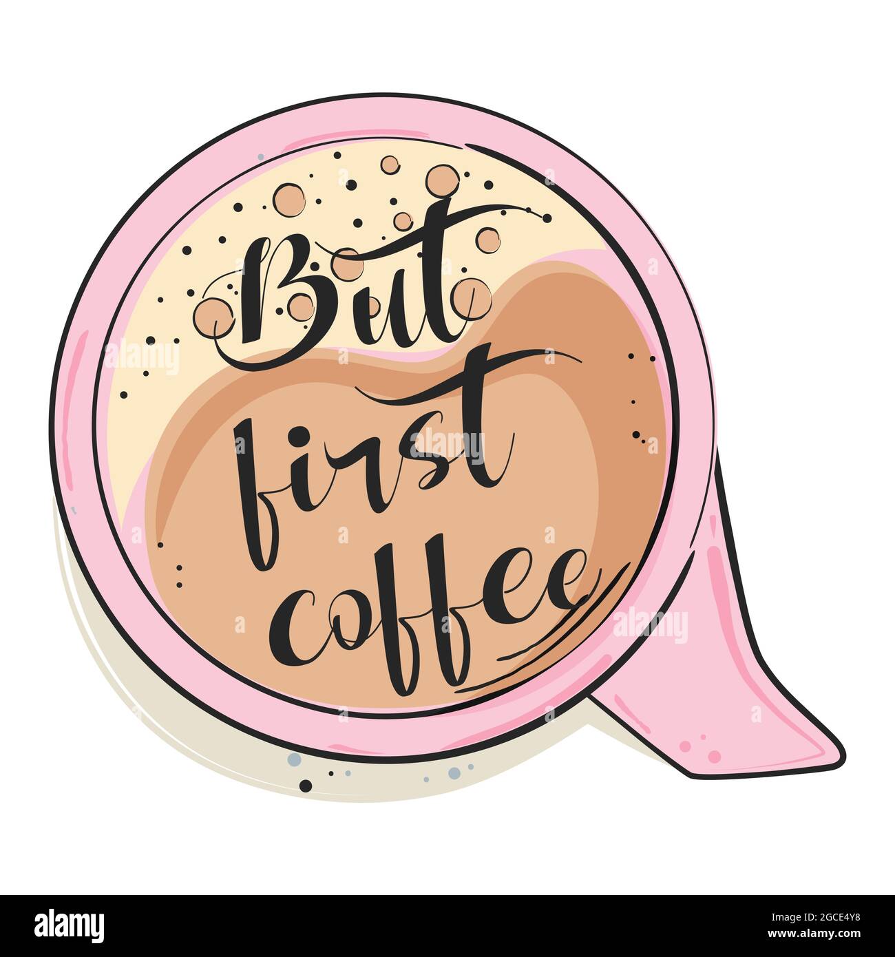 Ma il primo caffè. Citazione disegnata a mano, tazza di caffè. Illustrazione vettoriale. Illustrazione Vettoriale