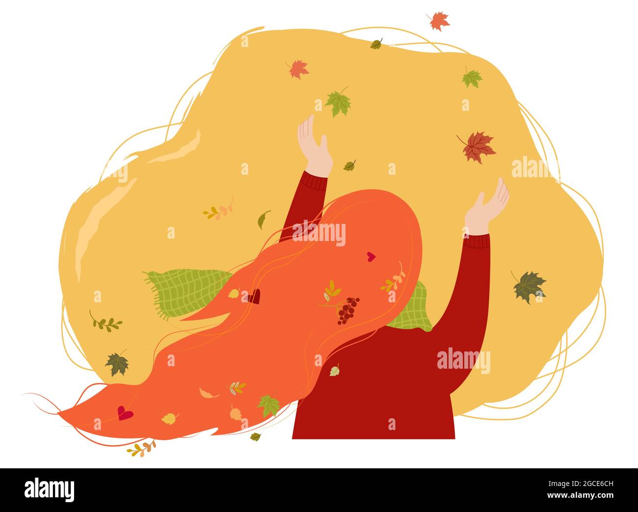 Ragazza d'autunno con lunghi capelli rossi e foglie d'autunno. Illustrazione vettoriale. Personaggio ragazza con foglie d'autunno nei capelli in stile piatto per il design autunnale, Illustrazione Vettoriale