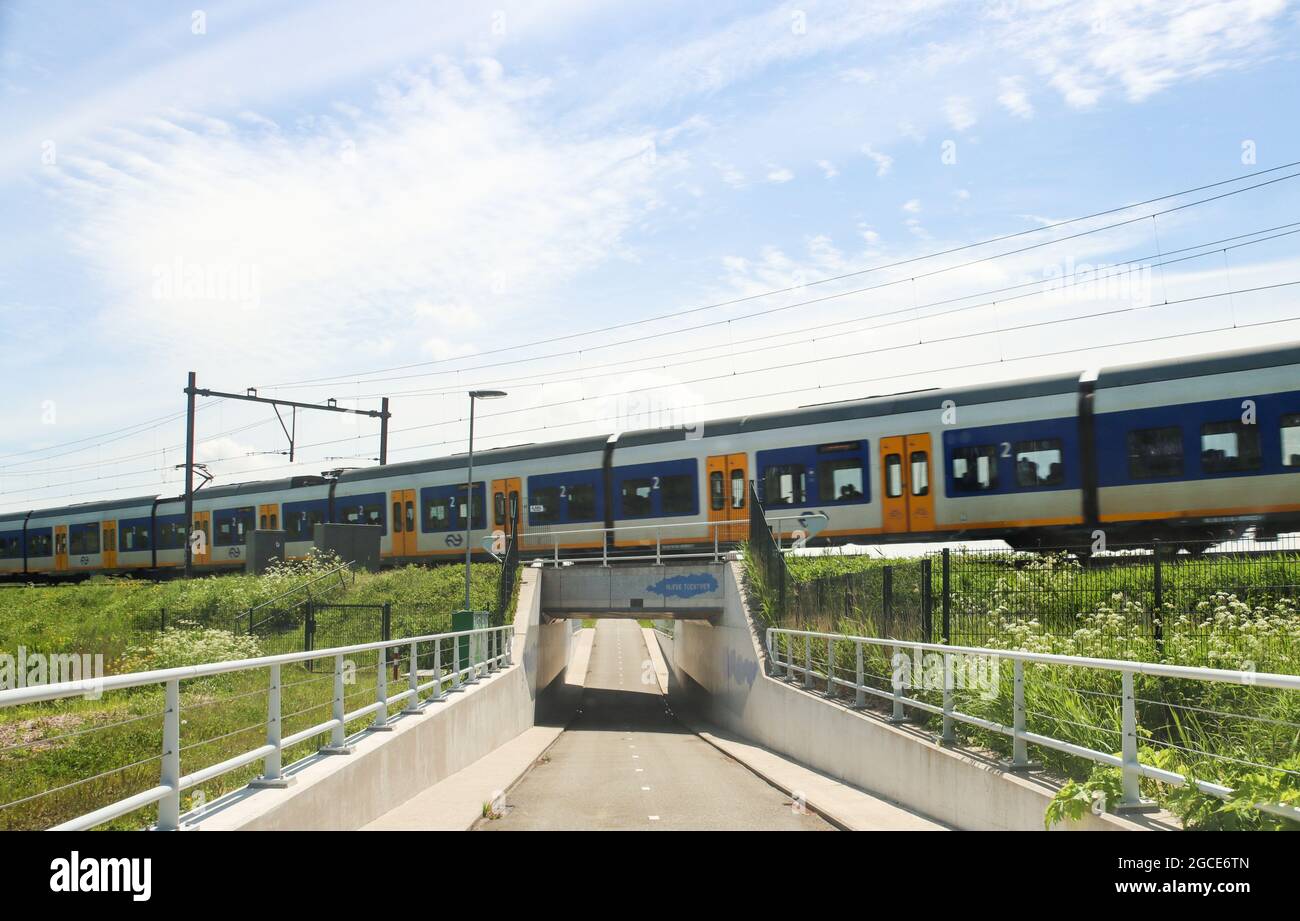 Treno SLT di NS tra Gouda e l'Aia nel Zuidplaspolder nel futuro nuovo villaggio Foto Stock